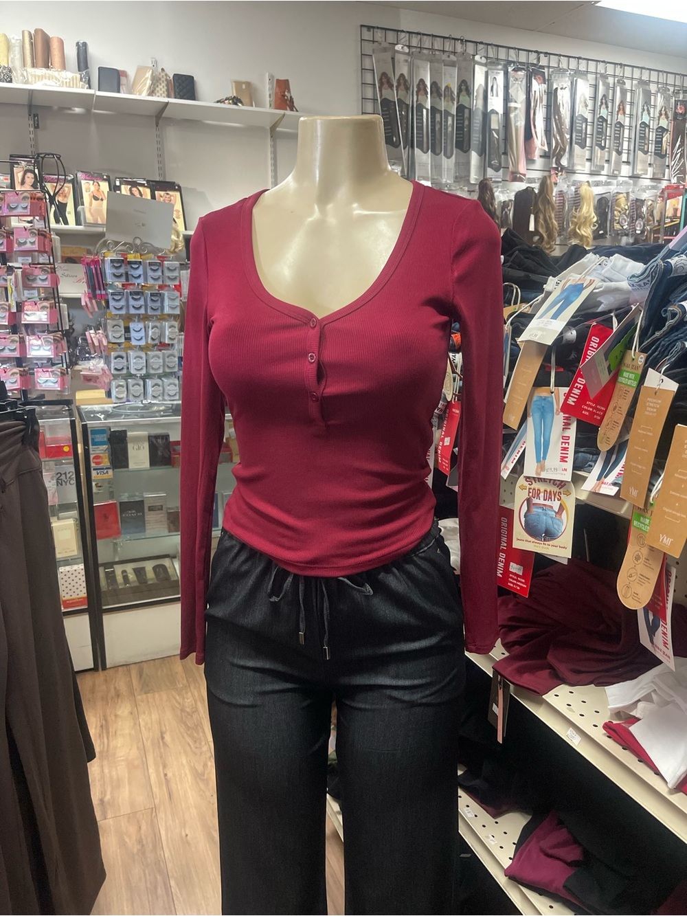 Women’s Ribbed Long-Sleeve Henley Top in Berry